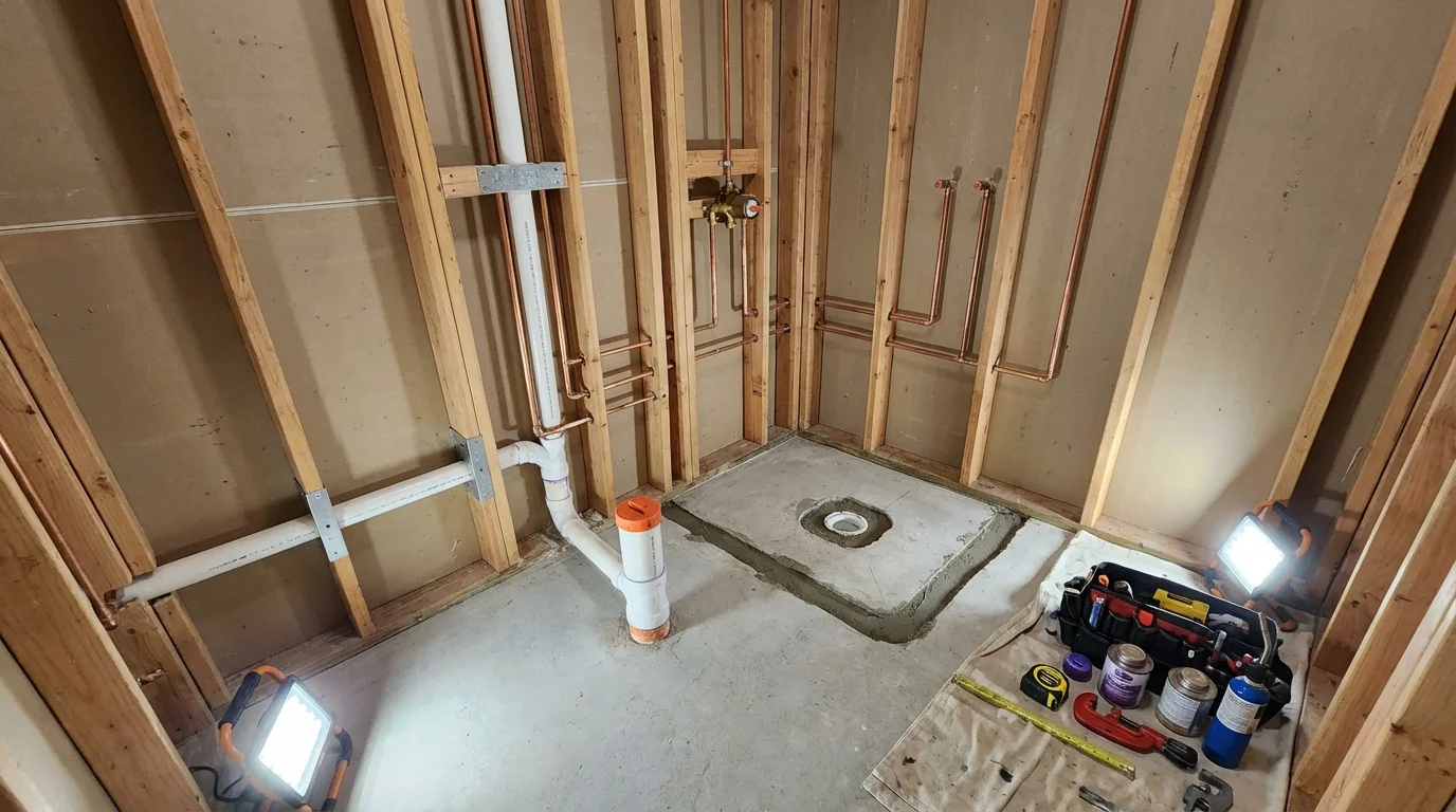 Bathroom rough-in plumbing during remodel by Johns Plumbing LLC in Missoula