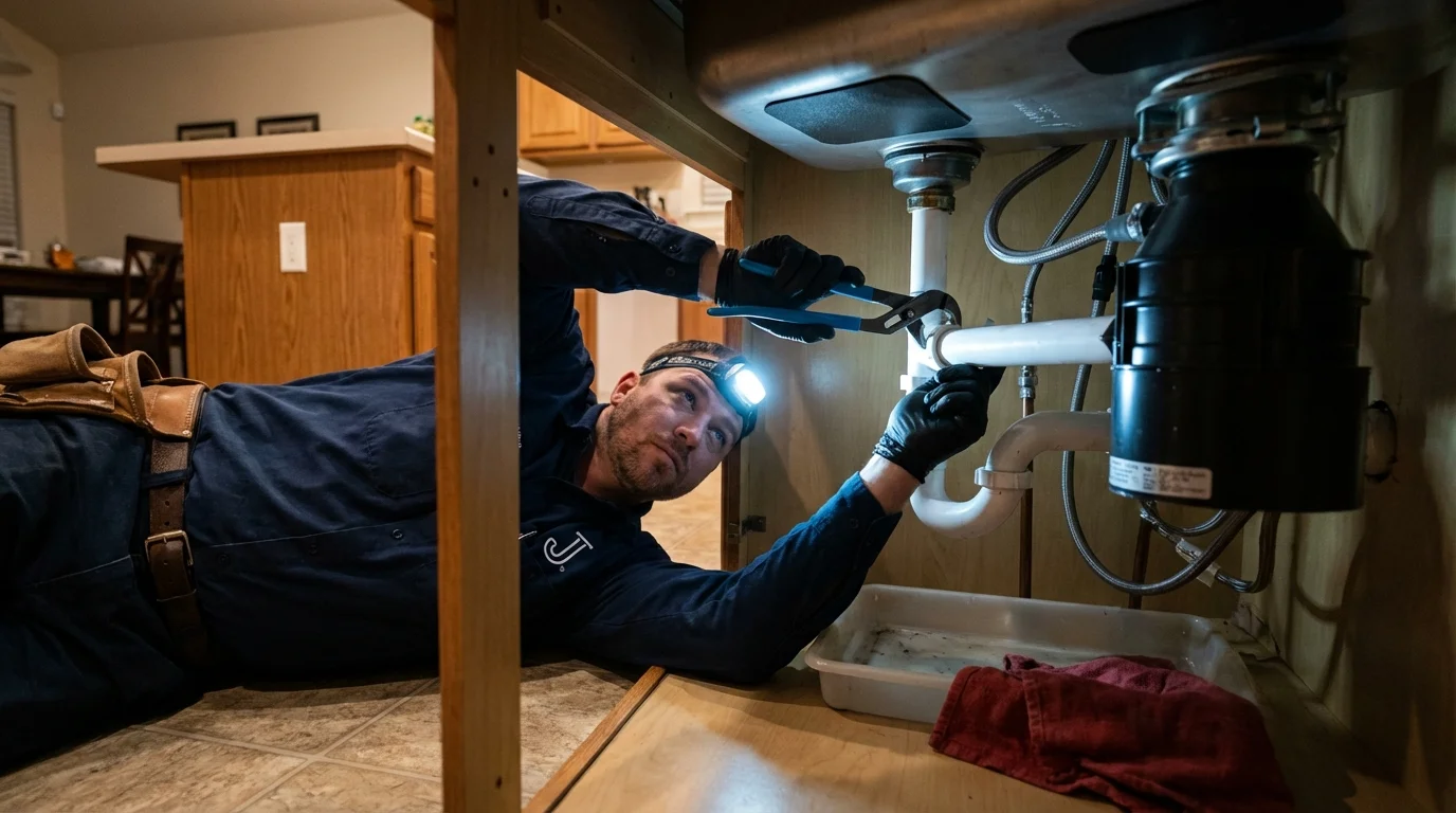 P-trap and supply line connections under a kitchen sink showing a common leak point in Missoula, MT